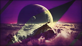 painting of snow-capped mountain, space, mountains, sky, clouds