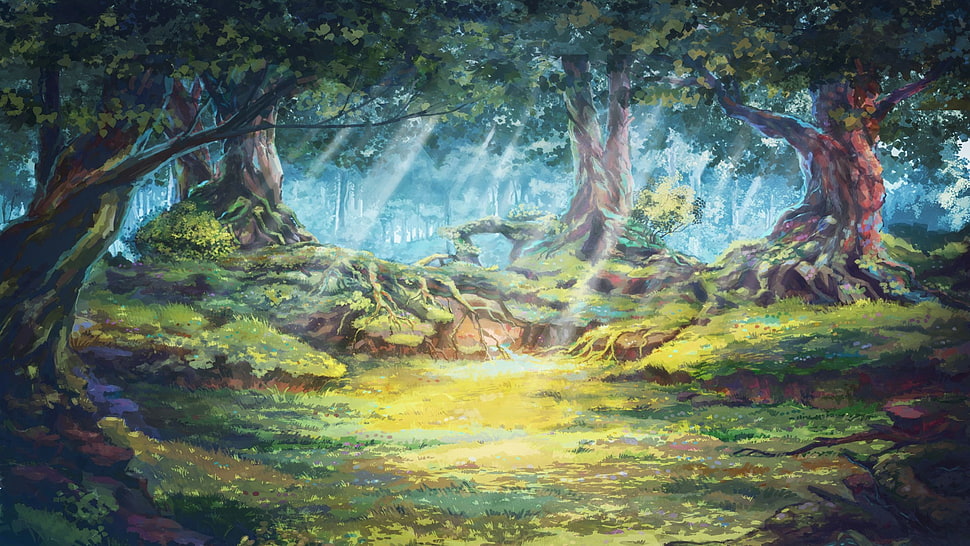 sun rays through the forest painting, Everlasting Summer, forest, trees, forest clearing HD wallpaper
