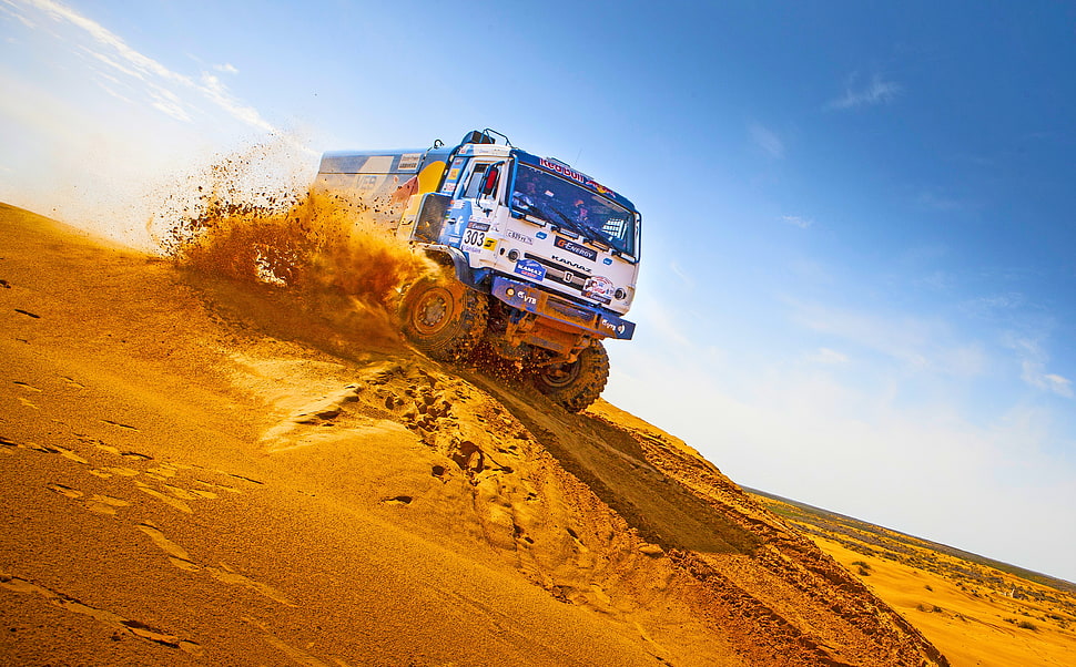 white and blue truck, Kamaz, sand HD wallpaper