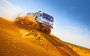 white and blue truck, Kamaz, sand