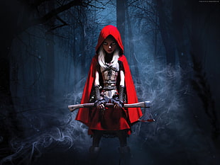 Little Red Riding Hood holding axe digital wallpaper