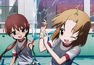 two girl anime character playing water HD wallpaper