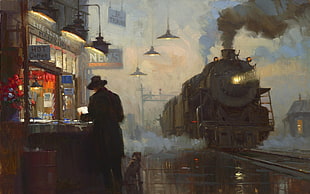 painting of standing man wearing black coat near train station