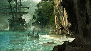 galleon ship and boat illustration, boat, island, cave, landscape