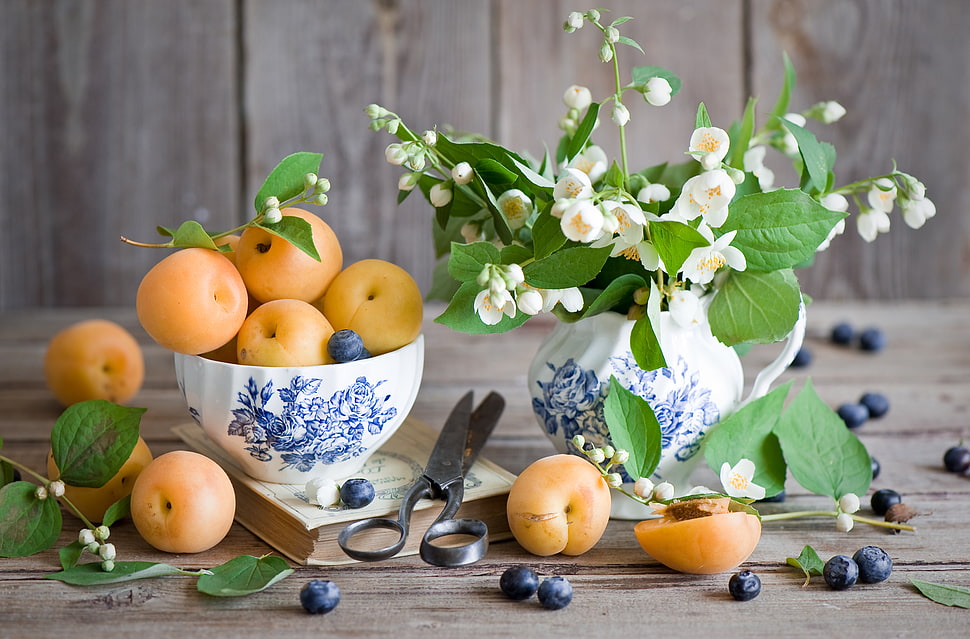 yellow unripe apples in white and blue floral ceramic bowls HD wallpaper