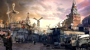 man standing in front of buildings illustration, apocalyptic, Russia, futuristic, cityscape
