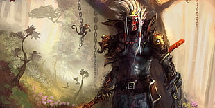 masked humanoid with white hair digital wallpaper, warrior, artwork, armor, sword