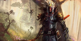 masked humanoid with white hair digital wallpaper, warrior, artwork, armor, sword HD wallpaper