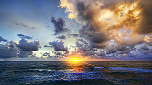 sea shore, sea, sunset, Sun, sunlight HD wallpaper