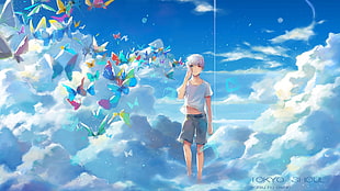 white haired boy anime character standing on clouds art