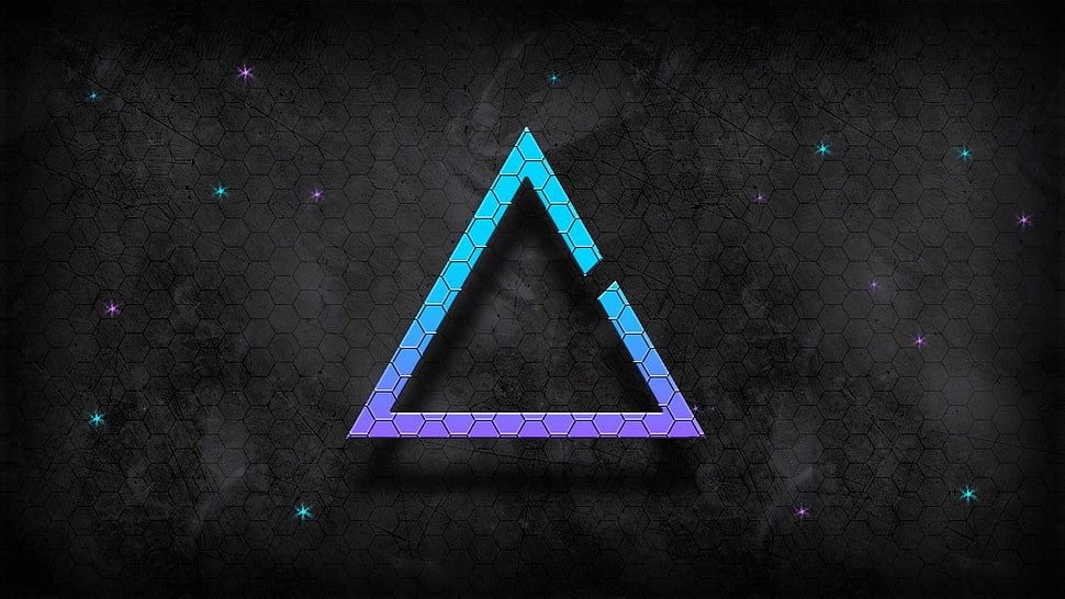blue and purple triangle log o, triangle, hexagon, stars, shadow HD wallpaper