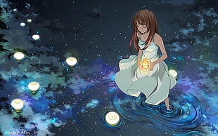 brown haired woman anime on water