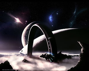 arch building and ship wallpaper, science fiction, digital art, space