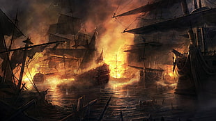 sailboat poster, sailing ship, fire, smoke, cannons