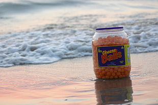 Cheese Balls container, humor, beach, nature, simple HD wallpaper