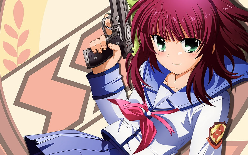women's purple hair wearing school uniform and carrying a gun anime character photo HD wallpaper