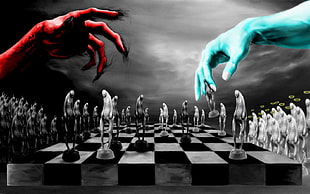 white and black chess board painting, chess, Devil, God, digital art