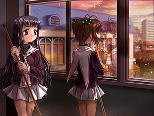 two anime girl in school uniforms HD wallpaper
