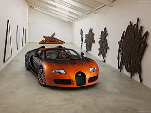 orange Bugatti sports coupe, car, Bugatti, Bugatti Veyron, vehicle