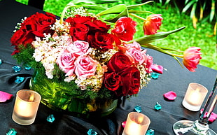 red and pink Rose flower centerpiece
