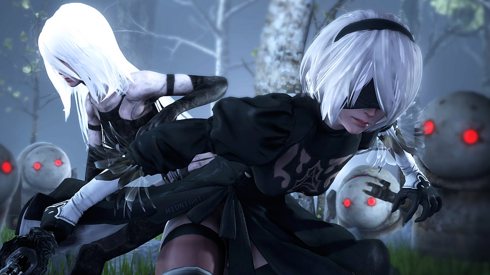 two white-haired female anime characters, 2B (Nier: Automata), fan art, A2 (Nier: Automata), Nier: Automata HD wallpaper