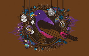 purple and brown short beak bird painting