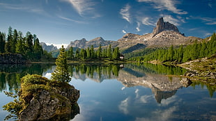 body of water near trees, lake, rock, mountains, landscape