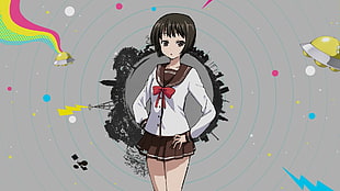 black haired female anime character in brown and white uniform