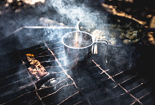 stainless steel cup on top of grill, camping, nature, mist, food