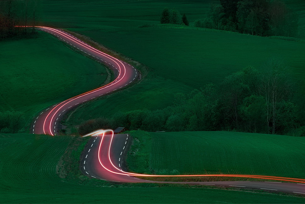 gray road, landscape, light trails, road, long exposure HD wallpaper