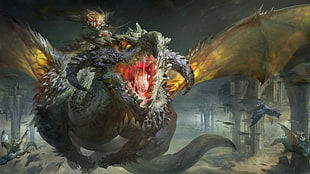 gray dragon digital art, dragon, fantasy art HD wallpaper