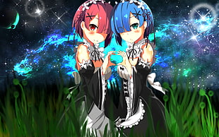 two female animated character digital wallpaper, Rem (Re: Zero), Ram (Re: Zero), anime, blue hair