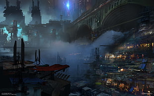 digital painting of village under bridge, cyberpunk, futuristic, science fiction, artwork