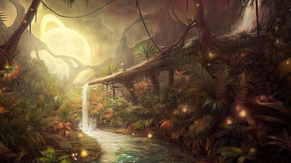 forest river painting, nature, jungle, artwork, fantasy art HD wallpaper