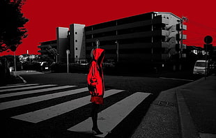 person wearing red hooded jacket digital wallpaper, street art HD wallpaper