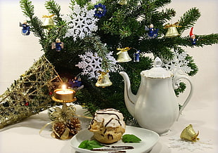 white ceramic pitcher near green christmas tree HD wallpaper