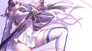 purple female anime character holding sword HD wallpaper