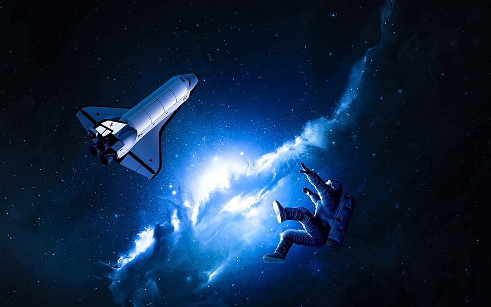 astronaut and space ship illustration, space, space shuttle, space art, nebula HD wallpaper