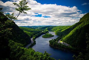 landscape photo of river between mounatains HD wallpaper