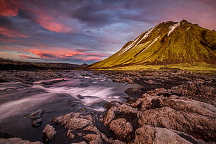 brown mountain illustration, Iceland, Mountains, River