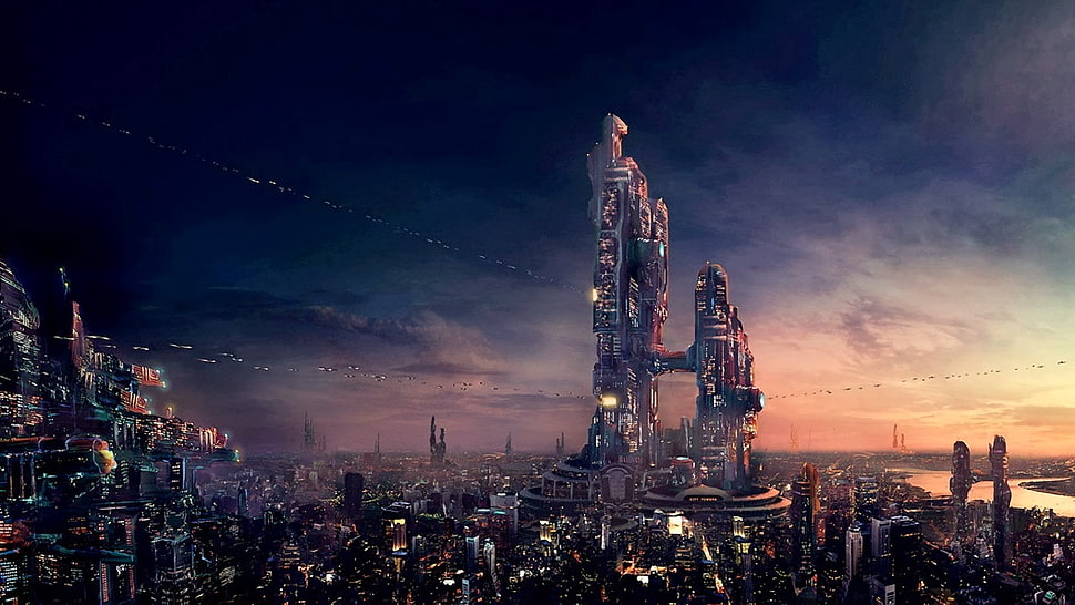building digital wallpaper, futuristic city, sky, science fiction, artwork HD wallpaper