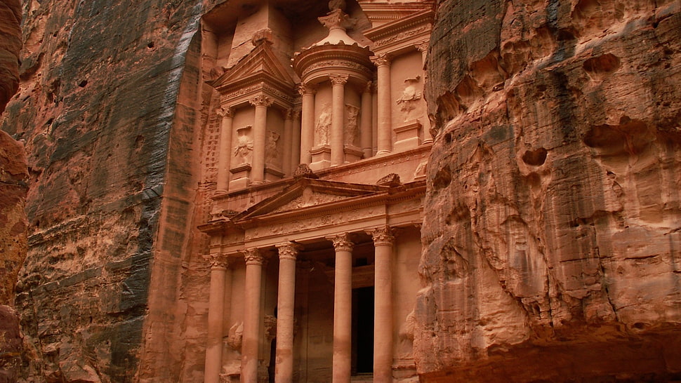 brown temple, landscape, Petra, cliff, rocks HD wallpaper