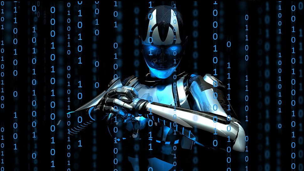 gray and black robot wallpaper, binary, robot, digital art HD wallpaper