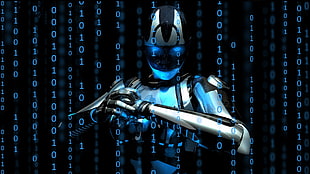 gray and black robot wallpaper, binary, robot, digital art