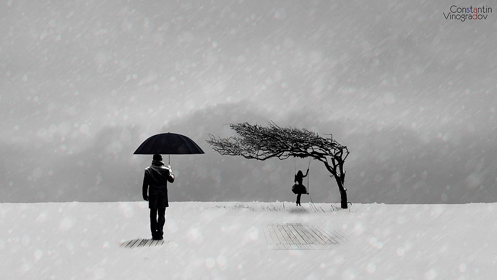 black umbrella, artwork, minimalism, trees HD wallpaper