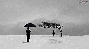 black umbrella, artwork, minimalism, trees