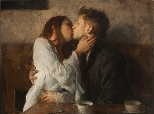 man and woman kissing each other painting