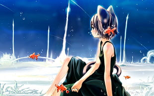 black haired anime girl with black dress illustration