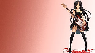 black haired female anime character holding guitar illustration