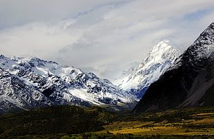 glacier mountain under white sky, aoraki/mount cook